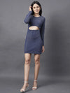 Rigo Women Navy Scoop Neck Shimmering Long Sleeve Bodycon Dress