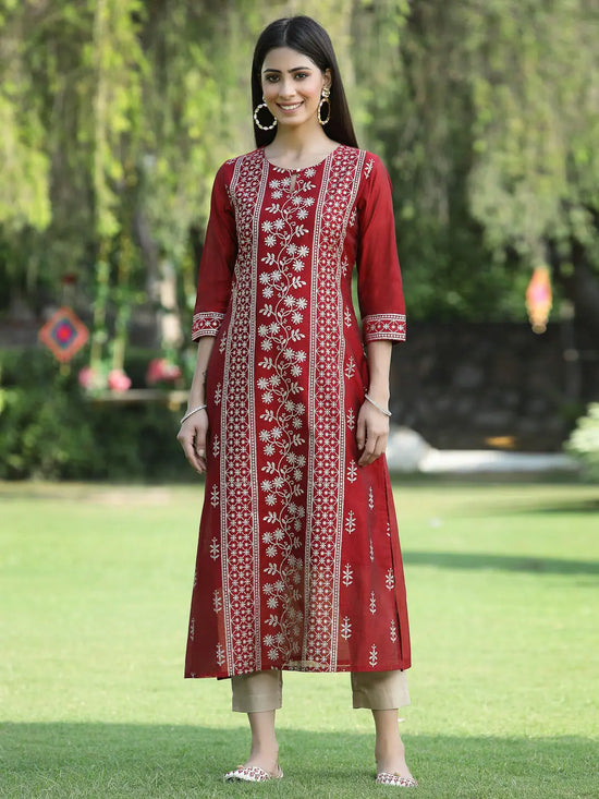 Juniper Women's Maroon Modal Chanderi Printed Straight Kurta