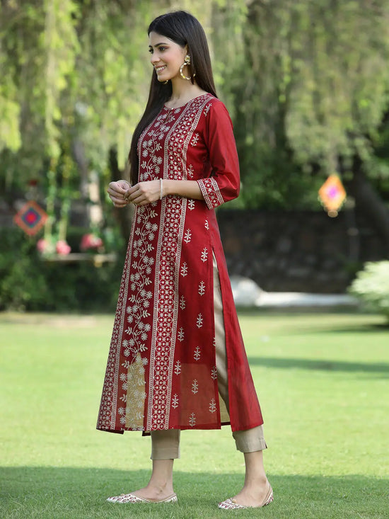 Juniper Women's Maroon Modal Chanderi Printed Straight Kurta