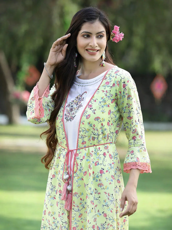 Juniper Women's Limegreen Cambric Embroidered & Printed Jacket Style Kurta