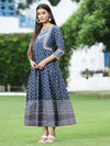 Juniper Women's Indigo Cambric Printed Anarkali Dress