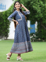 Juniper Women's Indigo Cambric Printed Anarkali Dress