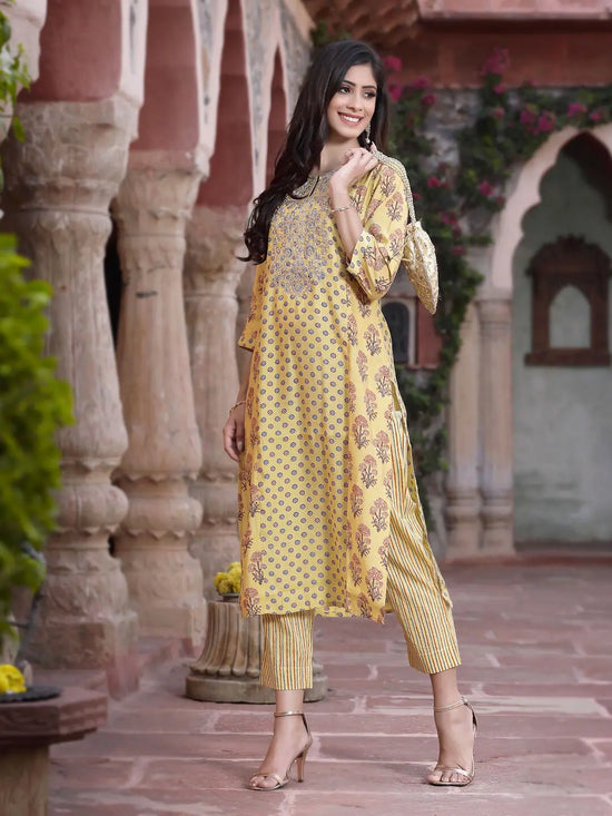 Juniper Women's Mustard Muslin Embroidered Straight Kurta Sets