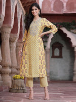 Juniper Women's Mustard Muslin Embroidered Straight Kurta Sets