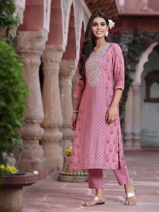 Juniper Women's Pink Muslin Embroidered Straight Kurta Sets