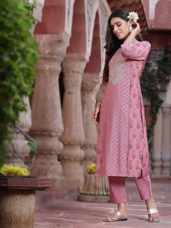 Juniper Women's Pink Muslin Embroidered Straight Kurta Sets