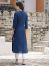 Juniper Women's Royal Blue Cotton Embroidered Straight Kurta