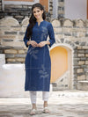 Juniper Women's Royal Blue Cotton Embroidered Straight Kurta