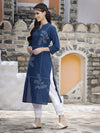 Juniper Women's Royal Blue Cotton Embroidered Straight Kurta