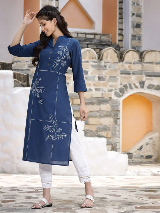 Juniper Women's Royal Blue Cotton Embroidered Straight Kurta