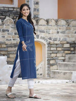 Juniper Women's Royal Blue Cotton Embroidered Straight Kurta