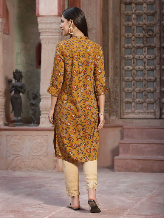 Juniper Women's Mustard Muslin Printed Straight Kurta