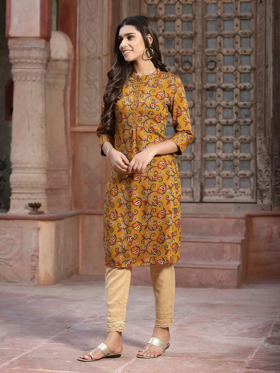 Juniper Women's Mustard Muslin Printed Straight Kurta