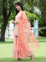 Juniper Peach Mono Viscose Festive Embroidered Printed Straight Kurta Sharara Dupatta Set