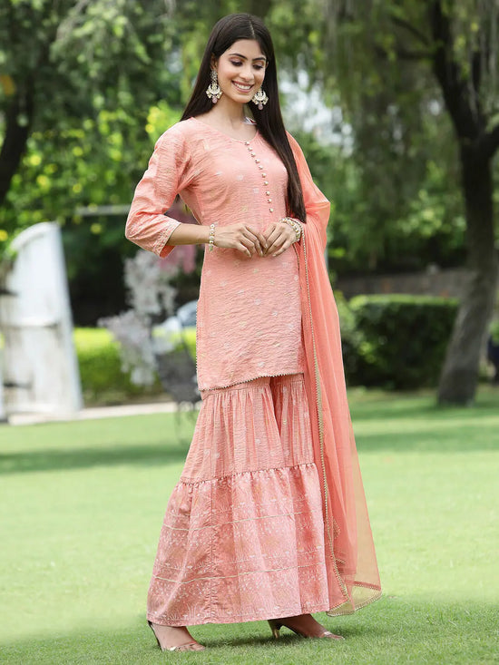 Juniper Peach Mono Viscose Festive Embroidered Printed Straight Kurta Sharara Dupatta Set