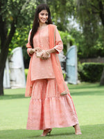 Juniper Peach Mono Viscose Festive Embroidered Printed Straight Kurta Sharara Dupatta Set