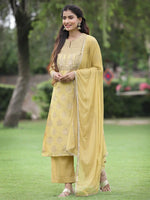 Juniper Mustard Chanderi Festive Embroidered Placement Printed A-line Kurta Set