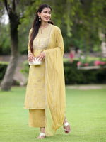 Juniper Mustard Chanderi Festive Embroidered Placement Printed A-line Kurta Set