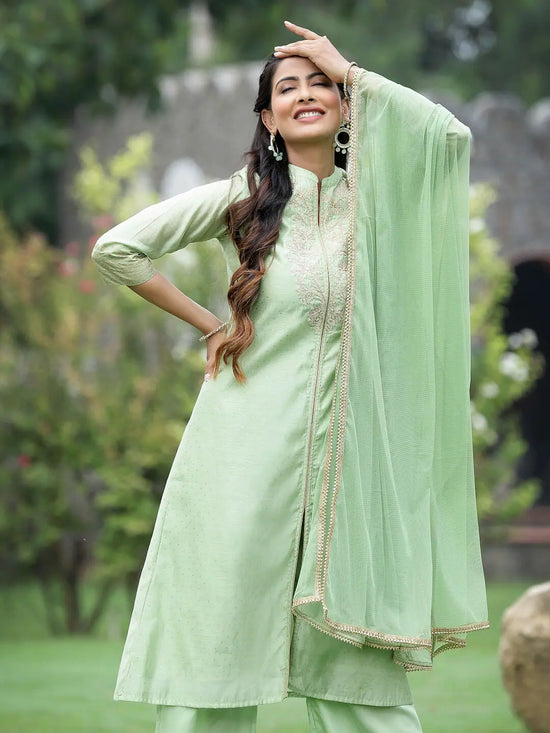 Juniper Mint Green Chanderi Festive Embroidered Polka Dot Printed A-line Kurta Set