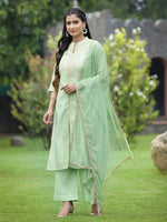 Juniper Mint Green Chanderi Festive Embroidered Polka Dot Printed A-line Kurta Set