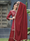 Juniper Maroon Satin Slub Festive Embroidered Printed Straight Kurta Skirt Dupatta Set