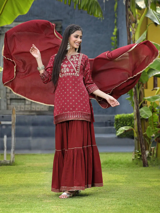 Juniper Maroon Satin Slub Festive Embroidered Printed Straight Kurta Skirt Dupatta Set