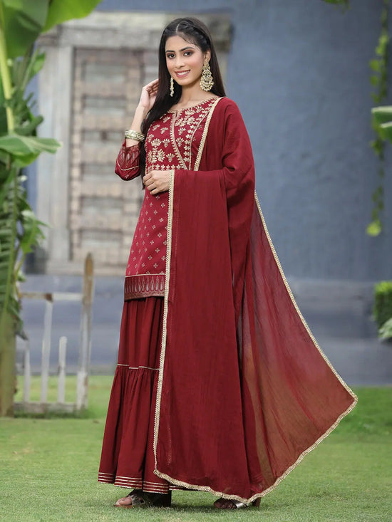 Juniper Maroon Satin Slub Festive Embroidered Printed Straight Kurta Skirt Dupatta Set