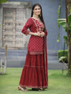 Juniper Maroon Satin Slub Festive Embroidered Printed Straight Kurta Skirt Dupatta Set