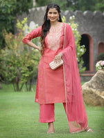 Juniper Pink Chanderi Festive Embroidered Placement Printed Straight Kurta Set