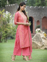 Juniper Pink Chanderi Festive Embroidered Placement Printed Straight Kurta Set