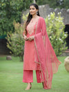 Juniper Pink Chanderi Festive Embroidered Placement Printed Straight Kurta Set