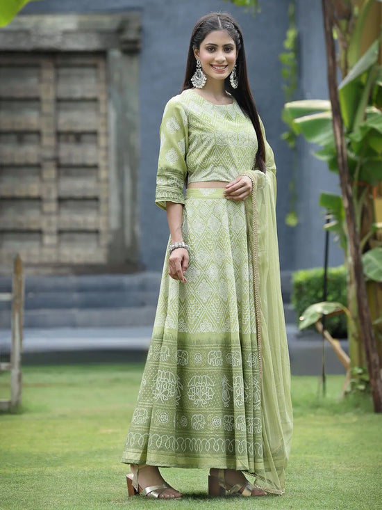 Juniper Green Santoon Slub Festive Foil Print Straight Lehnga Choli Set For Women