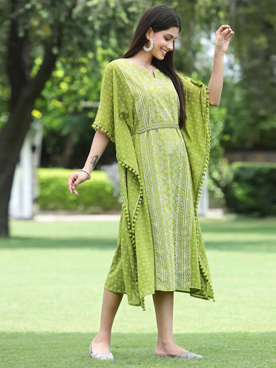 Juniper Green Georgette Festive Bandhej Printed Straight Kaftan For Women