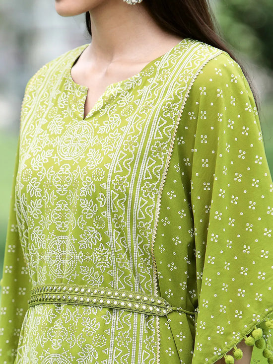 Juniper Green Georgette Festive Bandhej Printed Straight Kaftan For Women