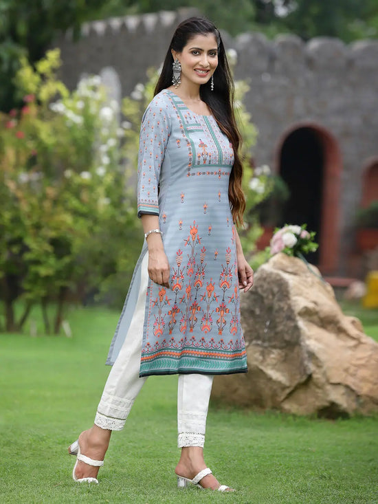 Juniper Women Grey Crepe Casual Wear Digital Printed Straight Kurta