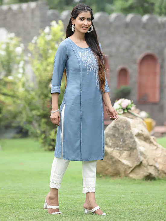 Juniper Women Grey Rayon Festive Wear Embroidered Straight Kurta