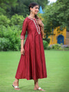 Juniper Women Maroon Chanderi Festive Embroidered + Polka Dot Printed Flared Kurta