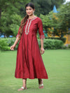 Juniper Women Maroon Chanderi Festive Embroidered + Polka Dot Printed Flared Kurta