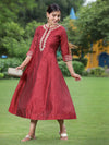 Juniper Women Maroon Chanderi Festive Embroidered + Polka Dot Printed Flared Kurta