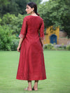 Juniper Women Maroon Chanderi Festive Embroidered + Polka Dot Printed Flared Kurta