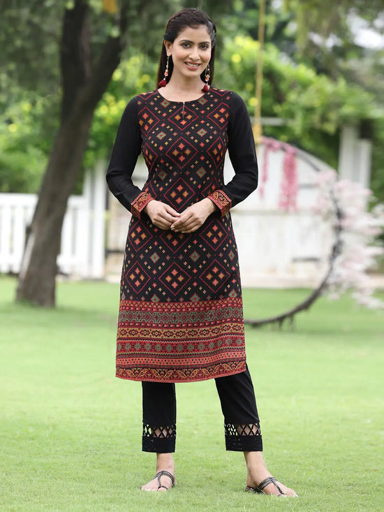 Juniper Women Women's Acrylyc Viscose Jaquard Knit Black Printed Straight Festive Kurta