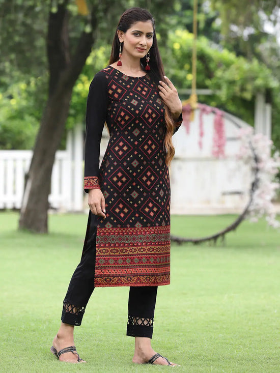 Juniper Women Women's Acrylyc Viscose Jaquard Knit Black Printed Straight Festive Kurta