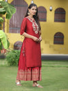 Juniper Women Maroon Chanderi Festive Embroidered + Printed Straight/Flared Kurta