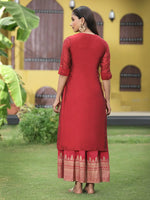 Juniper Women Maroon Chanderi Festive Embroidered + Printed Straight/Flared Kurta