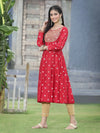 Juniper Women Red Rayon Festive Foil Printed Anarkali Flared Anarkali Kurta