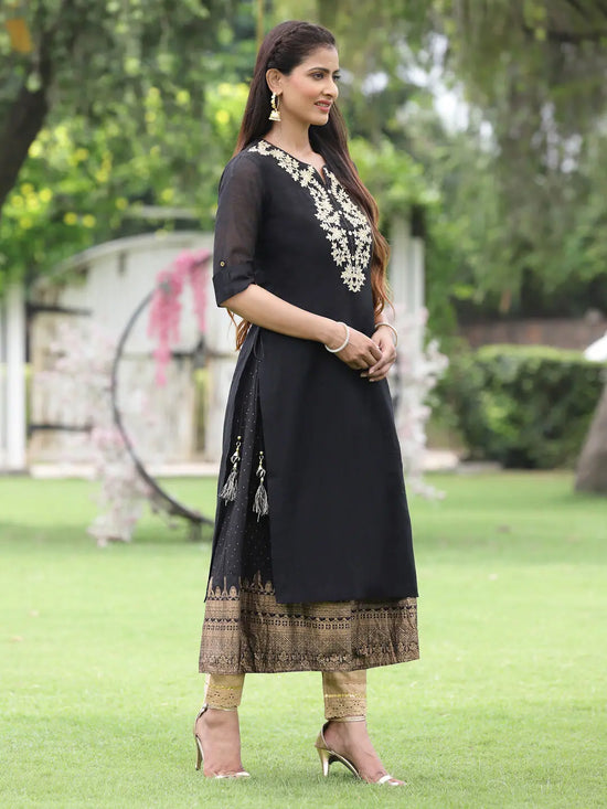 Juniper Women Black Chanderi Festive Embroidered + Printed Straight/Flared Kurta