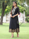 Juniper Women Black Chanderi Festive Embroidered + Printed Straight/Flared Kurta