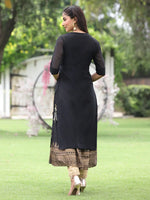 Juniper Women Black Chanderi Festive Embroidered + Printed Straight/Flared Kurta