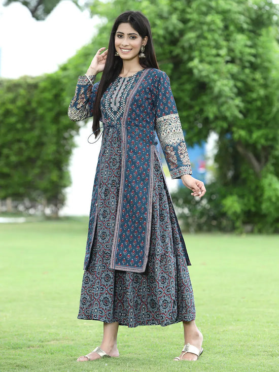 Juniper Women Teal Chanderi Festive Printed Tiered Kurta