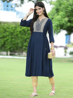 Juniper Women Navy Rayon Festive Embroidered Flared Kurta